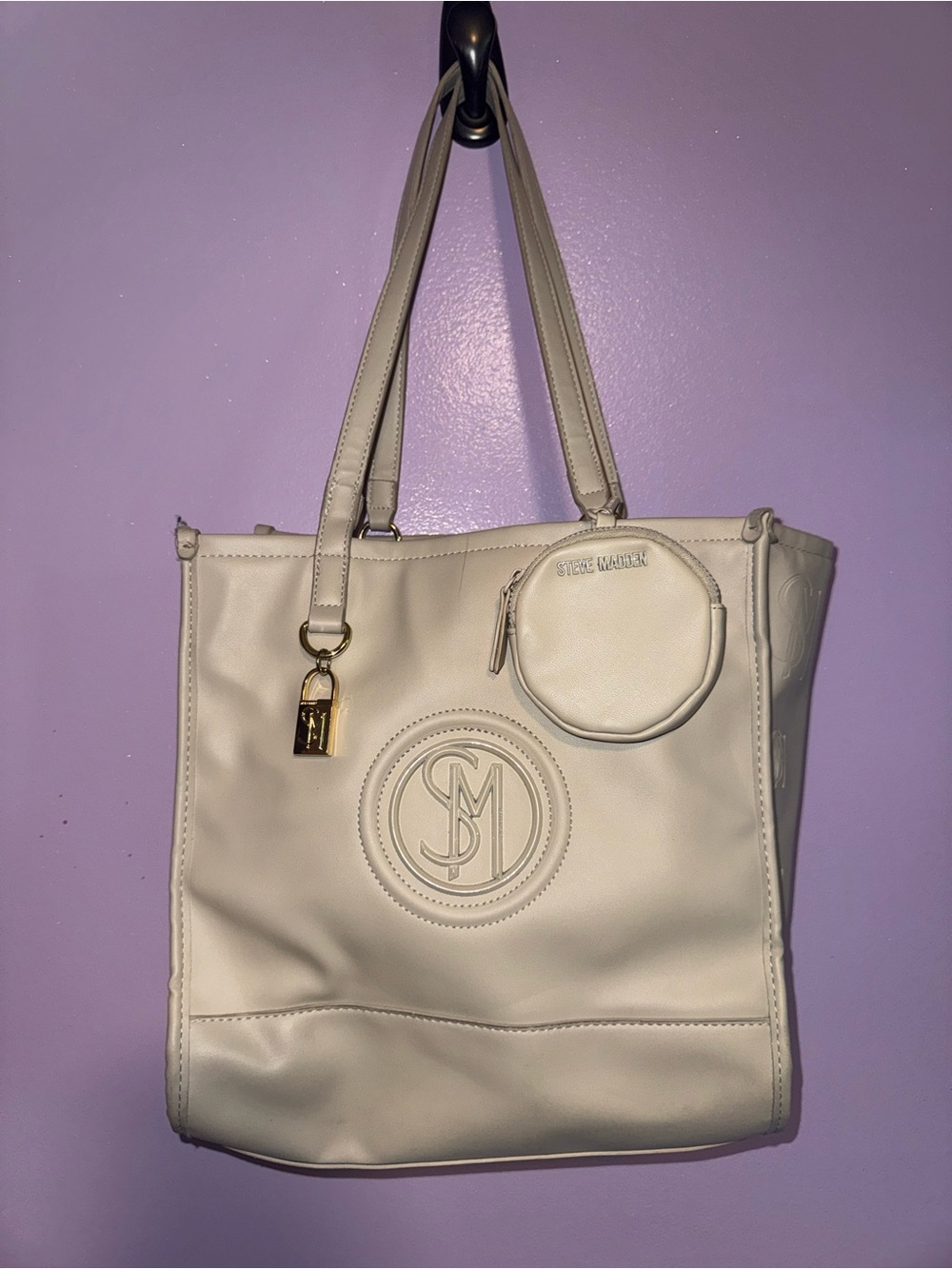Steve Madden Cream Tote with Coin Pouch and Gold Accent